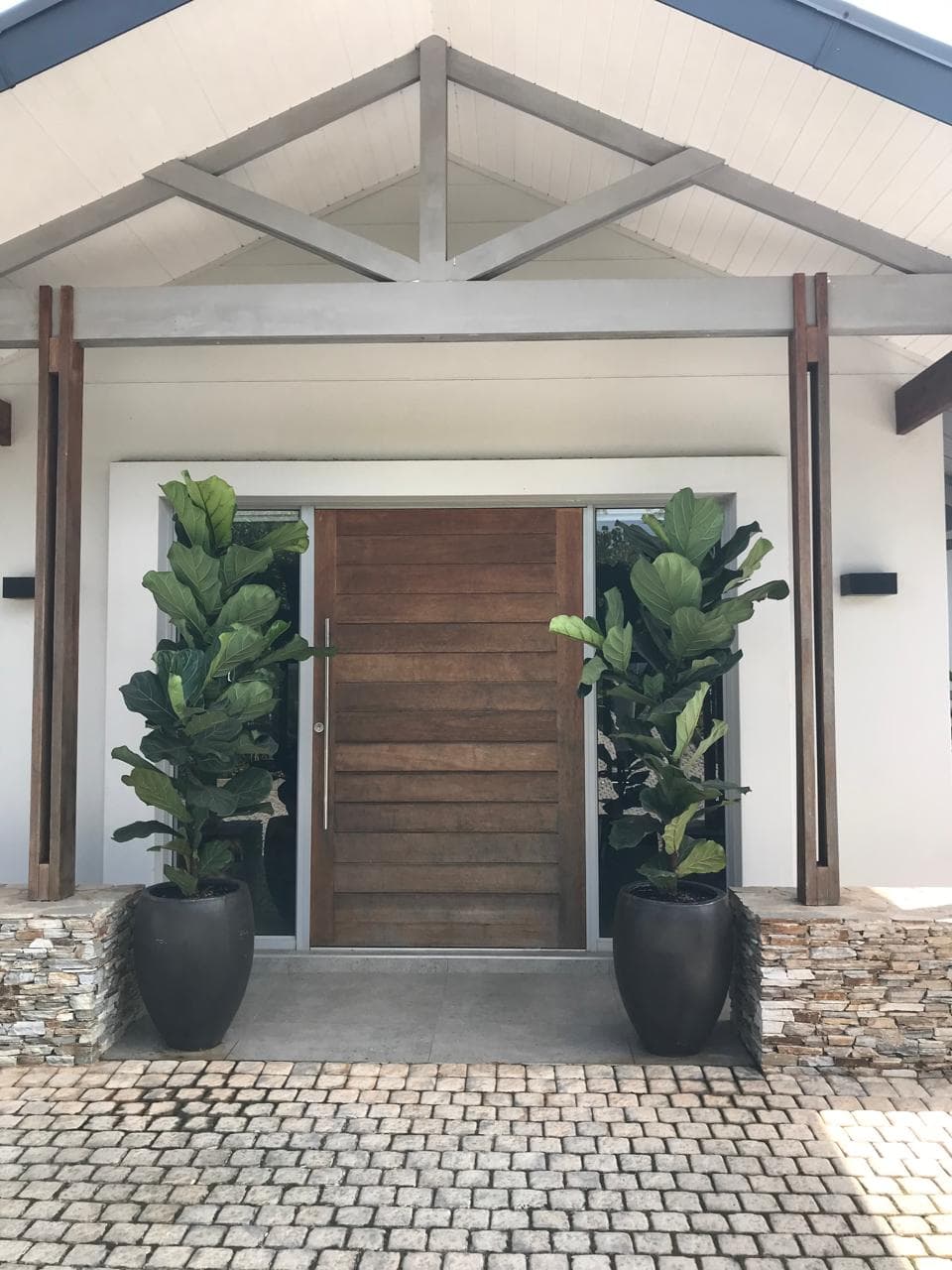Grand entrance with fiddle leaf fig trees flanking wooden door