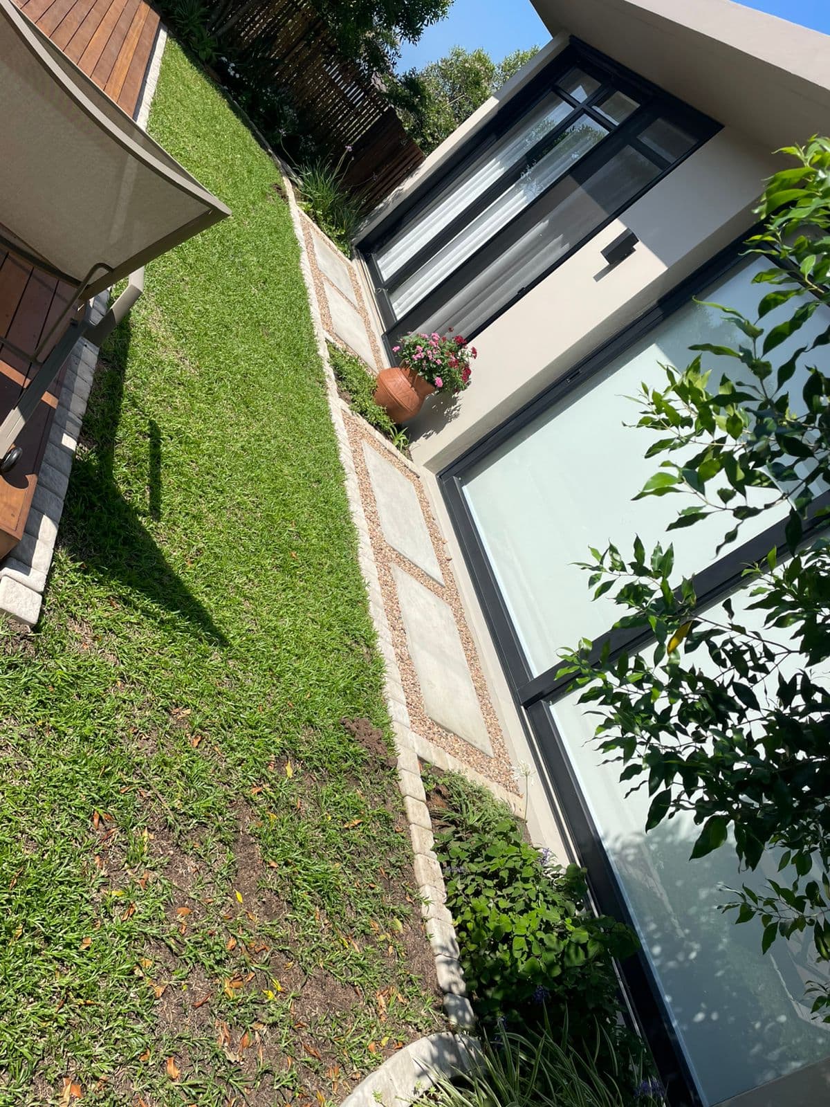 Modern home landscape with manicured lawn and stone pathway